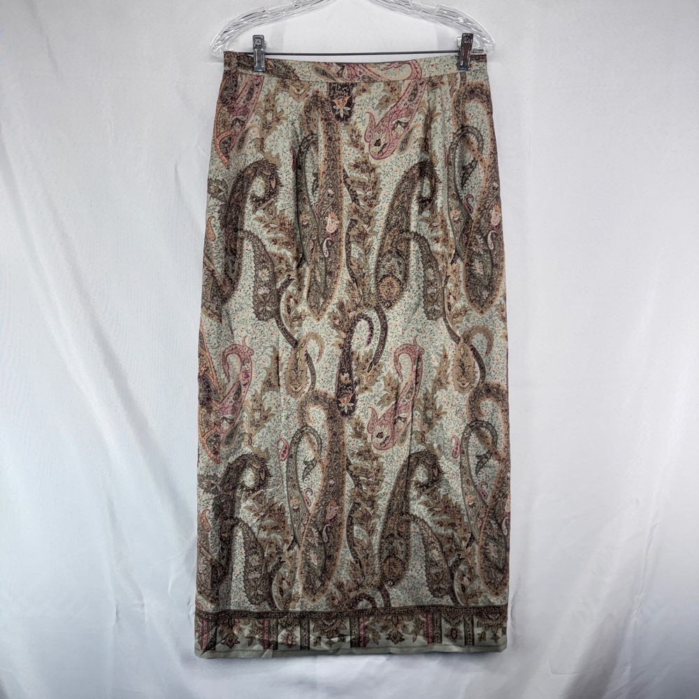 Talbots Silk Paisley Wrap Skirt Womens 12 Green Brown Midi Boho Cottagecore - Picture 2 of 6